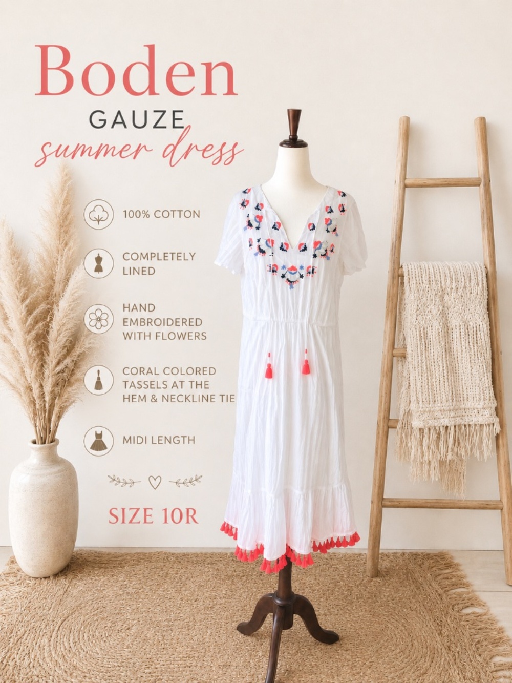 Boden Gauze Midi Dress with Embroidery and Tassel details